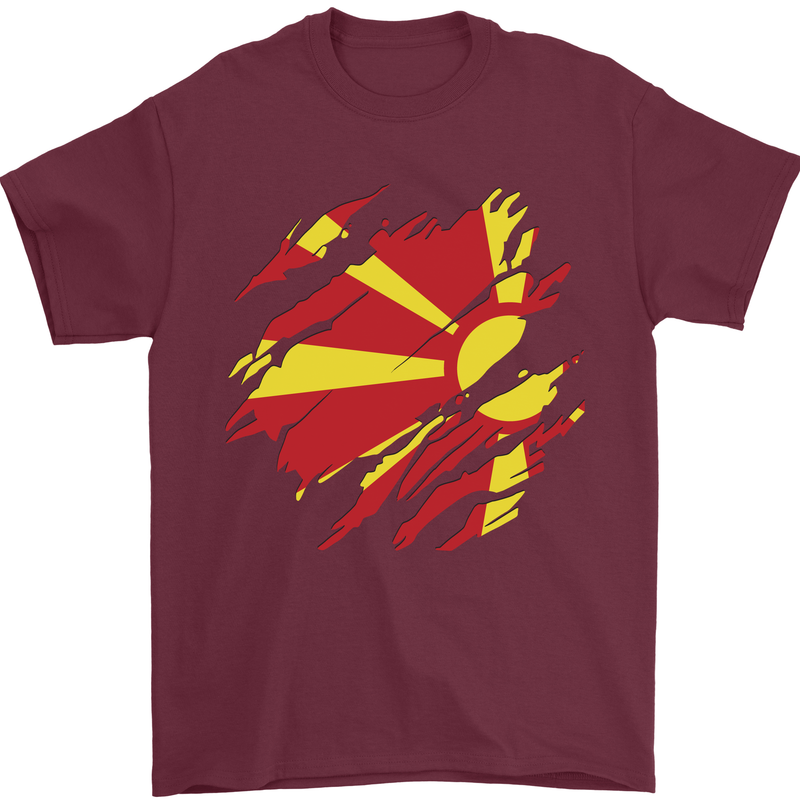 Torn Macedonia Flag Macedonian Day Football Mens T-Shirt 100% Cotton Maroon
