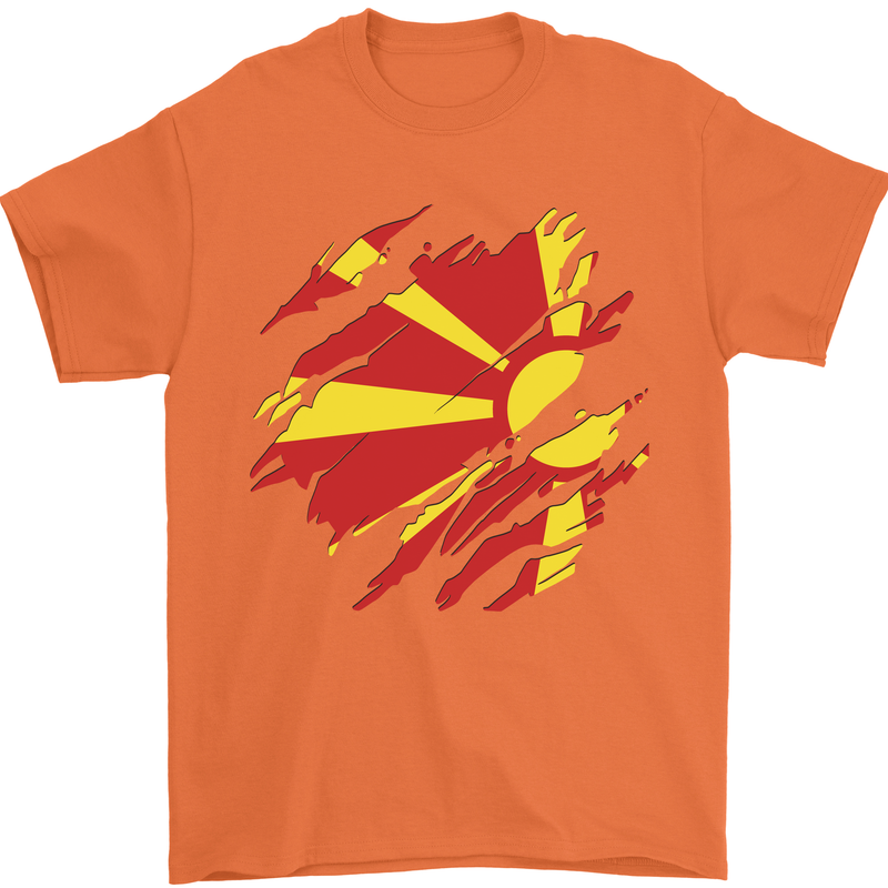 Torn Macedonia Flag Macedonian Day Football Mens T-Shirt 100% Cotton Orange