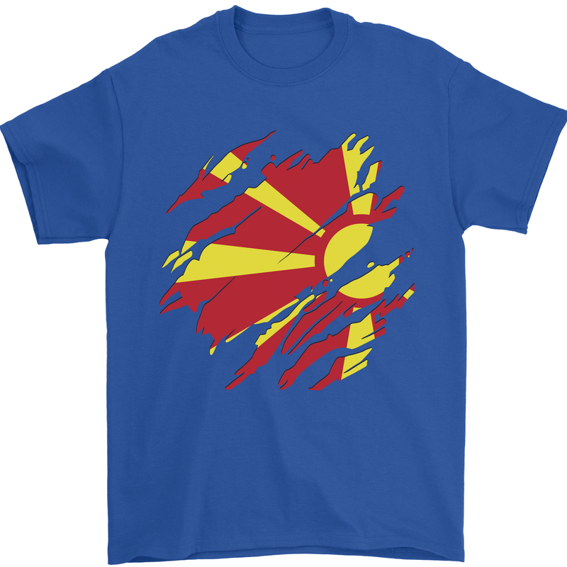 Torn Macedonia Flag Macedonian Day Football Mens T-Shirt 100% Cotton Royal Blue