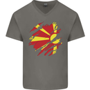 Torn Macedonia Flag Macedonian Day Football Mens V-Neck Cotton T-Shirt Charcoal