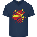 Torn Macedonia Flag Macedonian Day Football Mens V-Neck Cotton T-Shirt Navy Blue