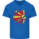 Torn Macedonia Flag Macedonian Day Football Mens V-Neck Cotton T-Shirt Royal Blue