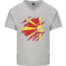 Torn Macedonia Flag Macedonian Day Football Mens V-Neck Cotton T-Shirt Sports Grey