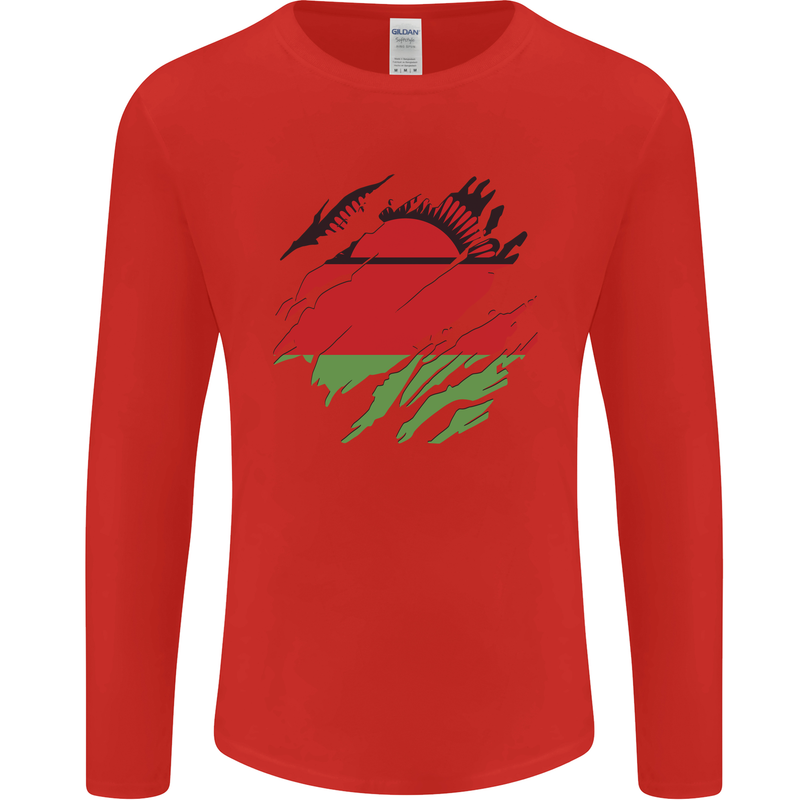 Torn Malawi Flag Malawian Day Football Mens Long Sleeve T-Shirt Red