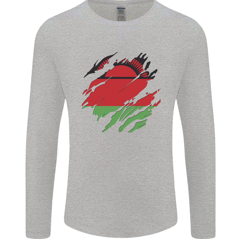 Torn Malawi Flag Malawian Day Football Mens Long Sleeve T-Shirt Sports Grey
