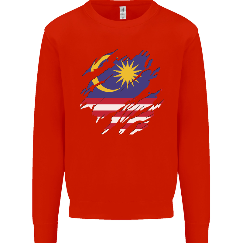 Torn Malaysia Flag Malaysian Day Football Kids Sweatshirt Jumper Bright Red