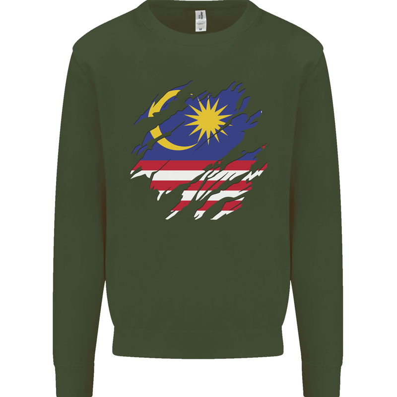 Torn Malaysia Flag Malaysian Day Football Kids Sweatshirt Jumper Forest Green