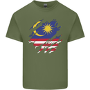 Torn Malaysia Flag Malaysian Day Football Mens Cotton T-Shirt Tee Top Military Green