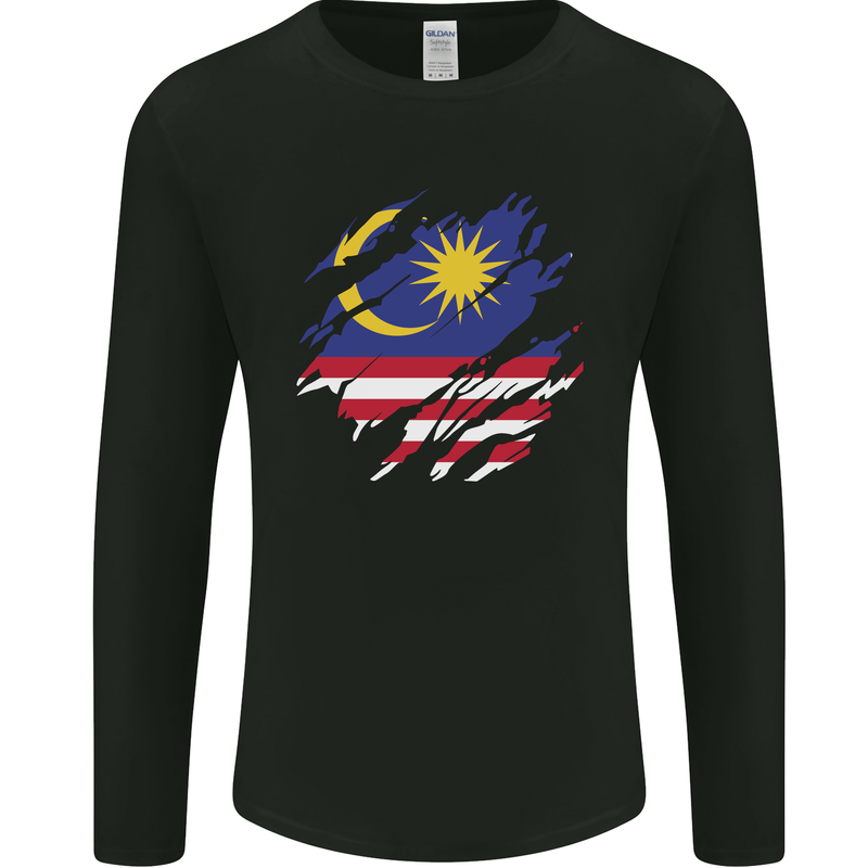 Torn Malaysia Flag Malaysian Day Football Mens Long Sleeve T-Shirt Black