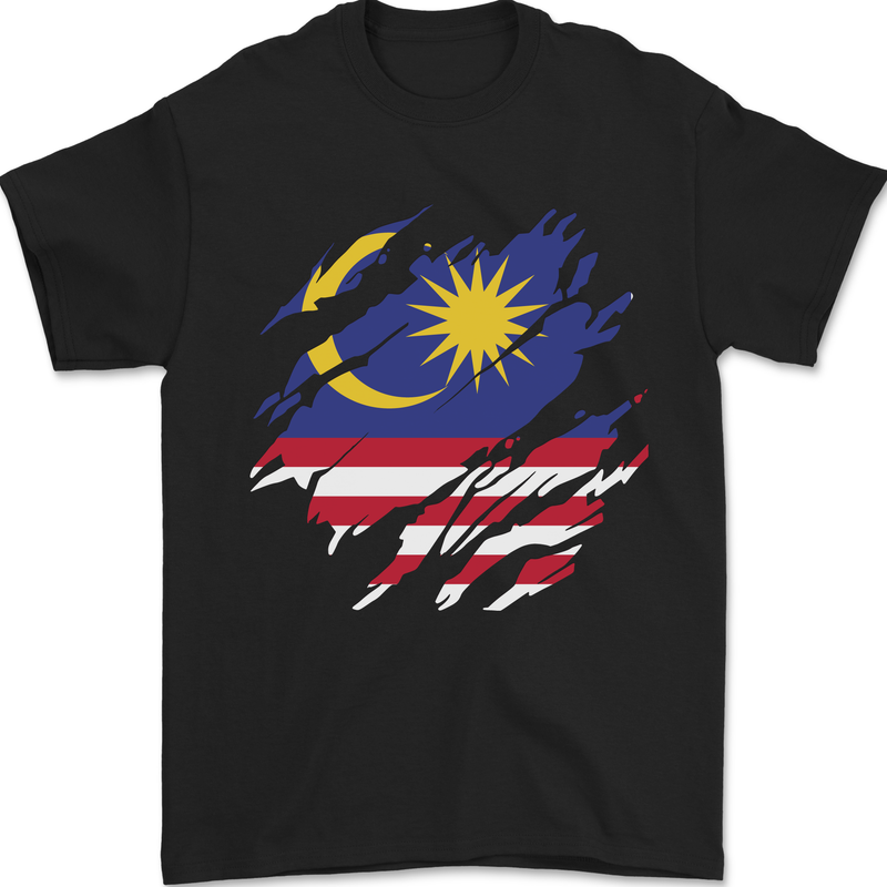 Torn Malaysia Flag Malaysian Day Football Mens T-Shirt 100% Cotton Black