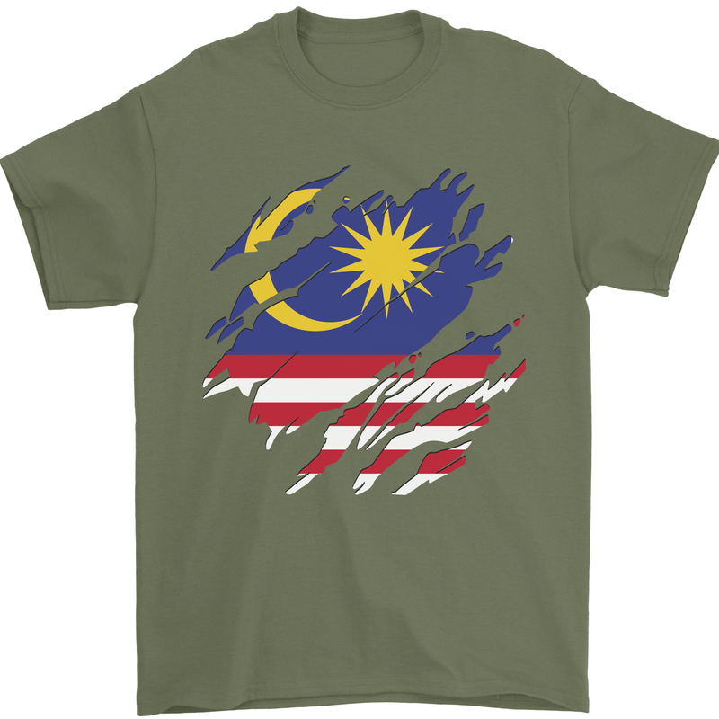 Torn Malaysia Flag Malaysian Day Football Mens T-Shirt 100% Cotton Military Green
