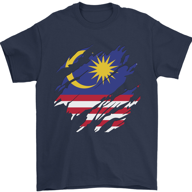 Torn Malaysia Flag Malaysian Day Football Mens T-Shirt 100% Cotton Navy Blue