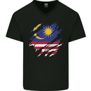 Torn Malaysia Flag Malaysian Day Football Mens V-Neck Cotton T-Shirt Black