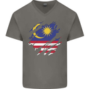Torn Malaysia Flag Malaysian Day Football Mens V-Neck Cotton T-Shirt Charcoal