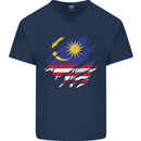Torn Malaysia Flag Malaysian Day Football Mens V-Neck Cotton T-Shirt Navy Blue