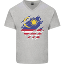 Torn Malaysia Flag Malaysian Day Football Mens V-Neck Cotton T-Shirt Sports Grey