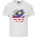 Torn Malaysia Flag Malaysian Day Football Mens V-Neck Cotton T-Shirt White