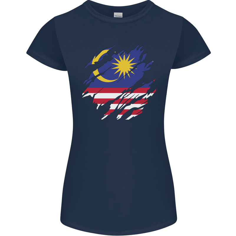 Torn Malaysia Flag Malaysian Day Football Womens Petite Cut T-Shirt Navy Blue