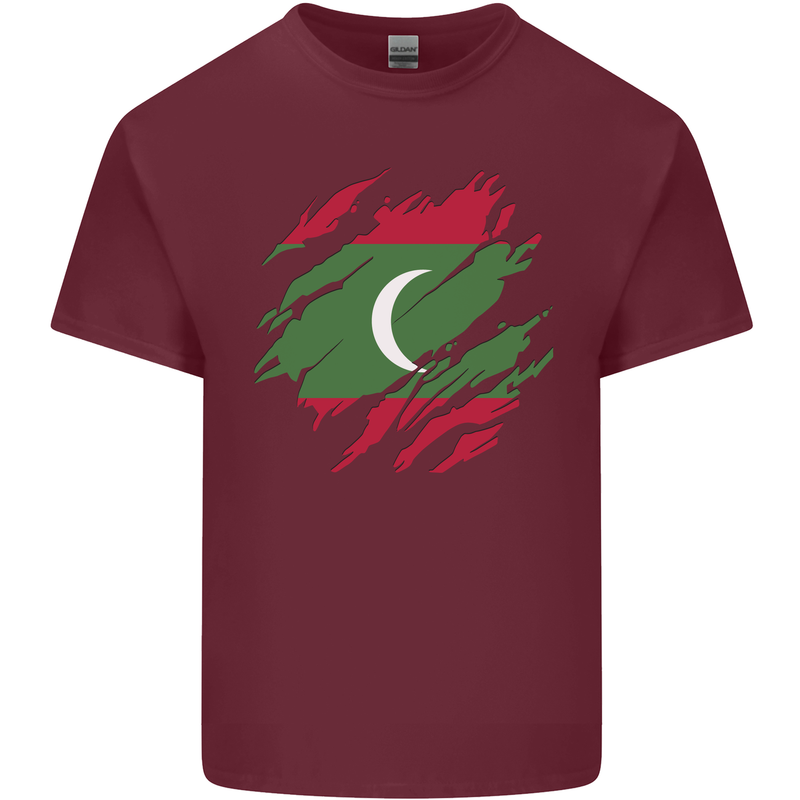 Torn Maldives Flag Maldivian Day Football Mens Cotton T-Shirt Tee Top Maroon