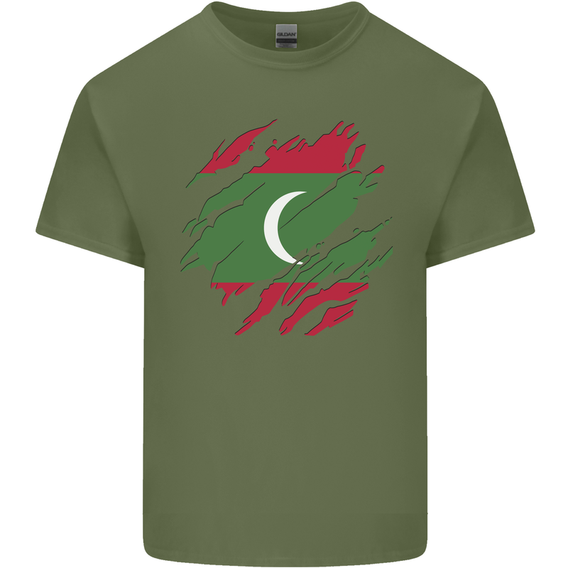 Torn Maldives Flag Maldivian Day Football Mens Cotton T-Shirt Tee Top Military Green