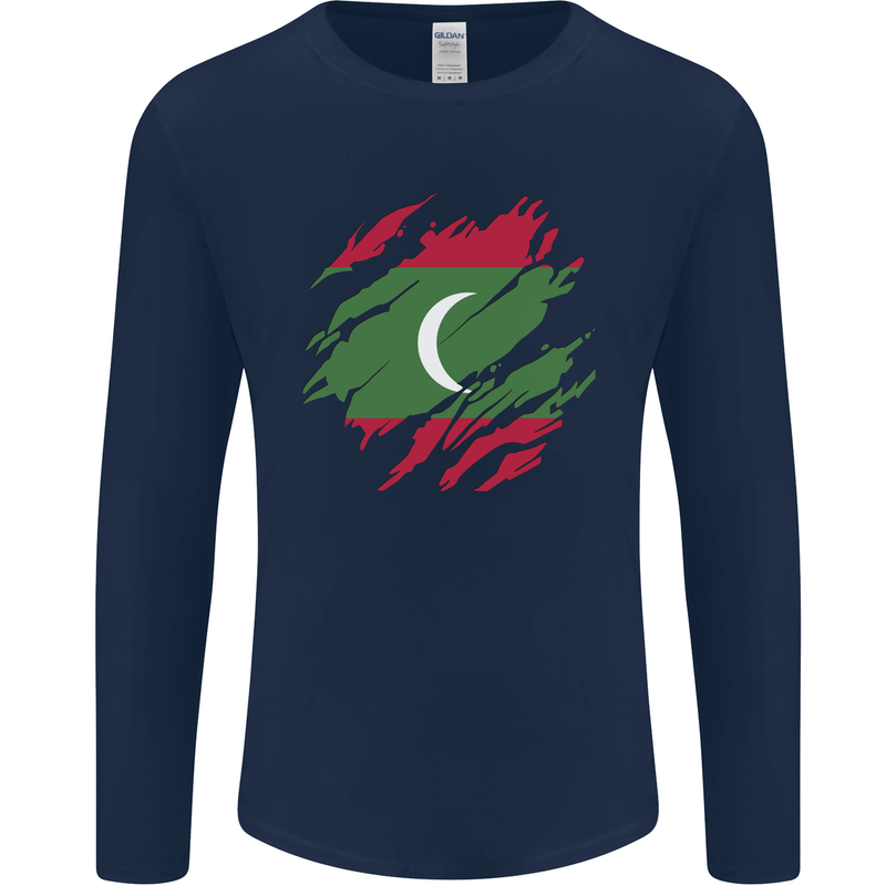 Torn Maldives Flag Maldivian Day Football Mens Long Sleeve T-Shirt Navy Blue
