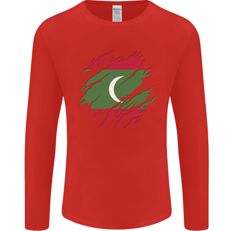 Torn Maldives Flag Maldivian Day Football Mens Long Sleeve T-Shirt Red