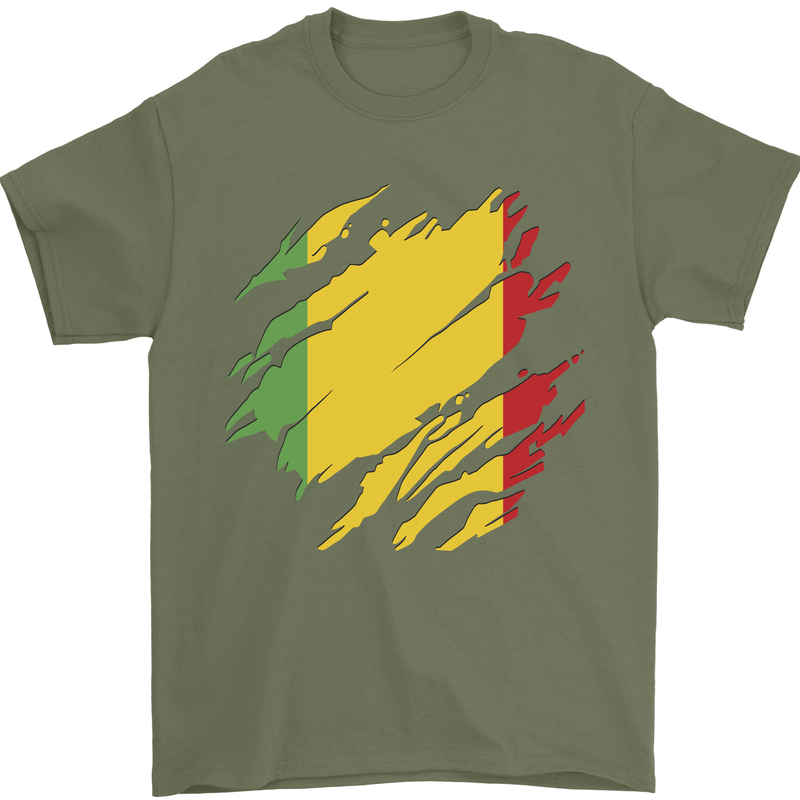 Torn Mali Flag Malian Day Football Mens T-Shirt 100% Cotton Military Green
