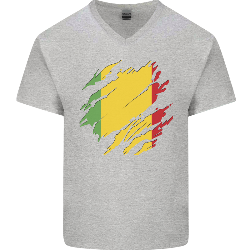 Torn Mali Flag Malian Day Football Mens V-Neck Cotton T-Shirt Sports Grey