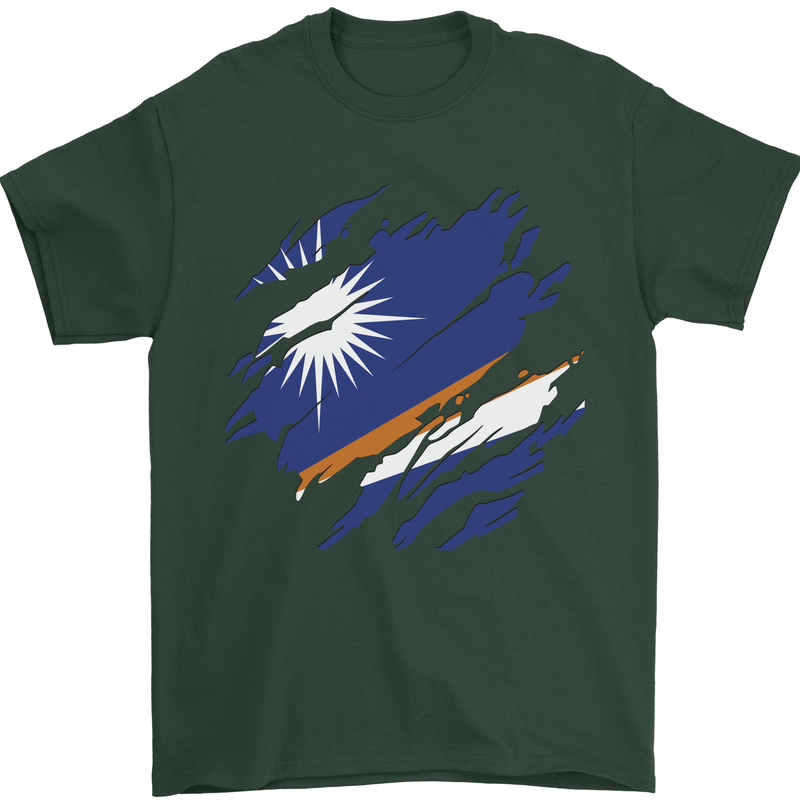 Torn Marshall Islands Flag Day Football Mens T-Shirt 100% Cotton Forest Green