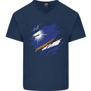 Torn Marshall Islands Flag Day Football Mens V-Neck Cotton T-Shirt Navy Blue