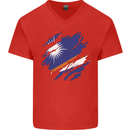 Torn Marshall Islands Flag Day Football Mens V-Neck Cotton T-Shirt Red