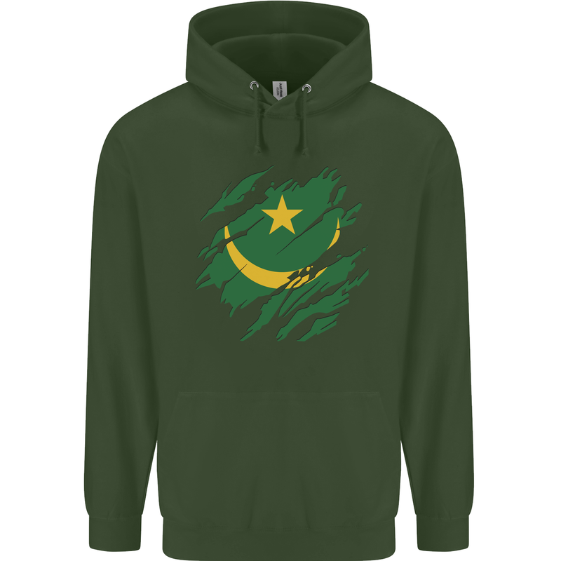 Torn Mauritania Flag Mauritanian Day Football Childrens Kids Hoodie Forest Green