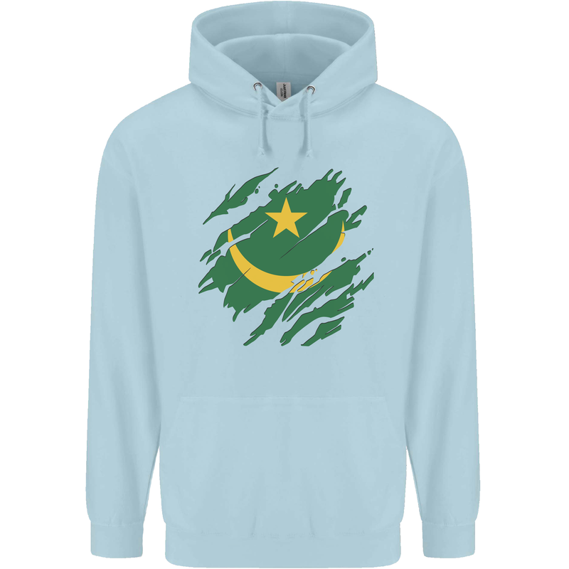 Torn Mauritania Flag Mauritanian Day Football Mens 80% Cotton Hoodie Light Blue
