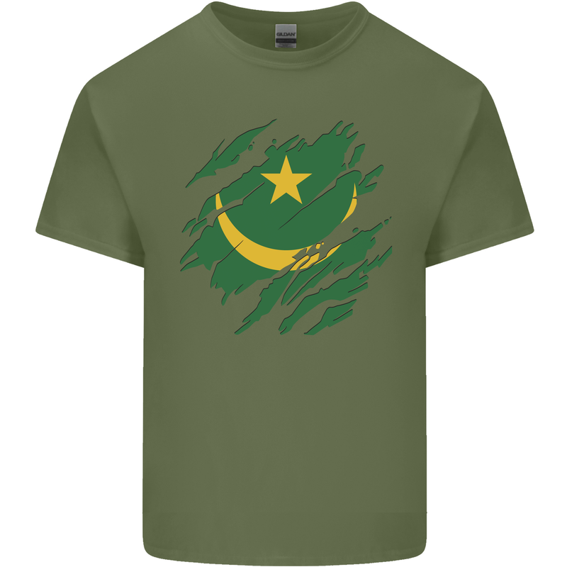 Torn Mauritania Flag Mauritanian Day Football Mens Cotton T-Shirt Tee Top Military Green