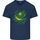 Torn Mauritania Flag Mauritanian Day Football Mens V-Neck Cotton T-Shirt Navy Blue