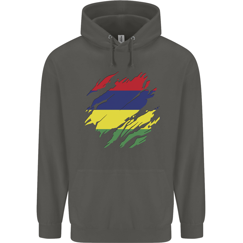 Torn Mauritius Flag Mauritians Day Football Childrens Kids Hoodie Storm Grey