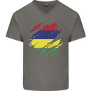 Torn Mauritius Flag Mauritians Day Football Mens V-Neck Cotton T-Shirt Charcoal