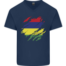 Torn Mauritius Flag Mauritians Day Football Mens V-Neck Cotton T-Shirt Navy Blue