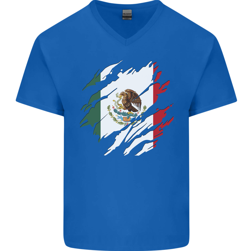Torn Mexico Flag Mexican Day Football Mens V-Neck Cotton T-Shirt Royal Blue