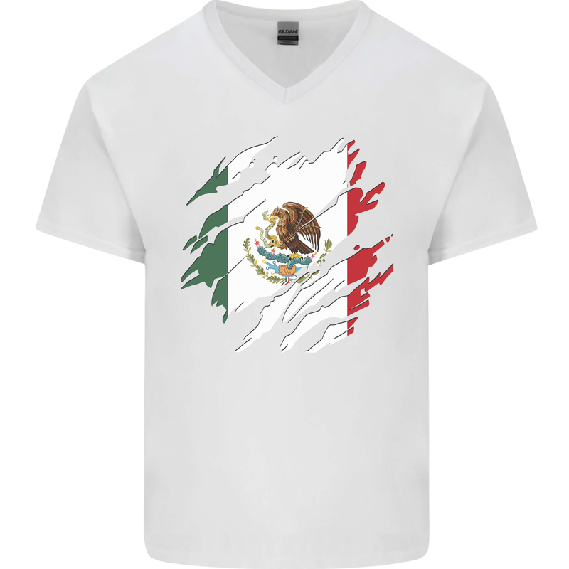 Torn Mexico Flag Mexican Day Football Mens V-Neck Cotton T-Shirt White