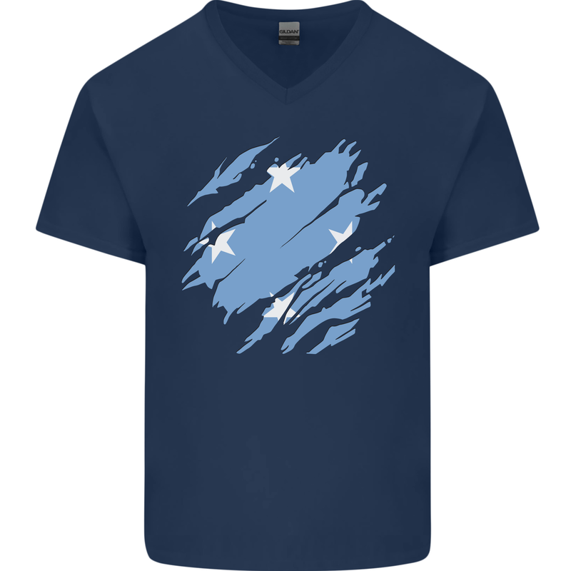 Torn Micronesia Flag Micronesian Day Football Mens V-Neck Cotton T-Shirt Navy Blue