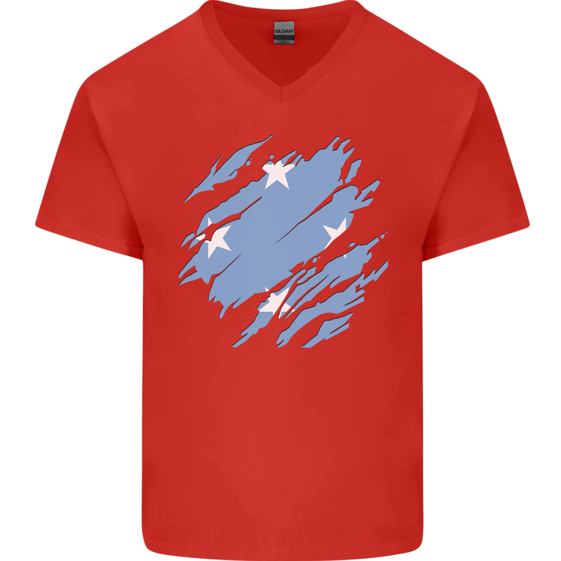 Torn Micronesia Flag Micronesian Day Football Mens V-Neck Cotton T-Shirt Red