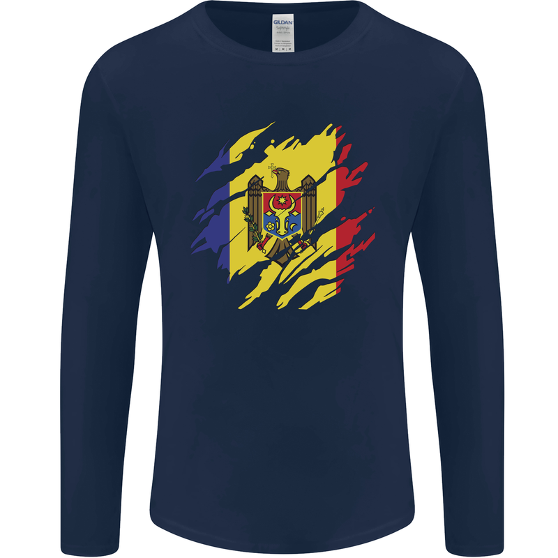 Torn Moldova Flag Moldovan Day Football Mens Long Sleeve T-Shirt Navy Blue