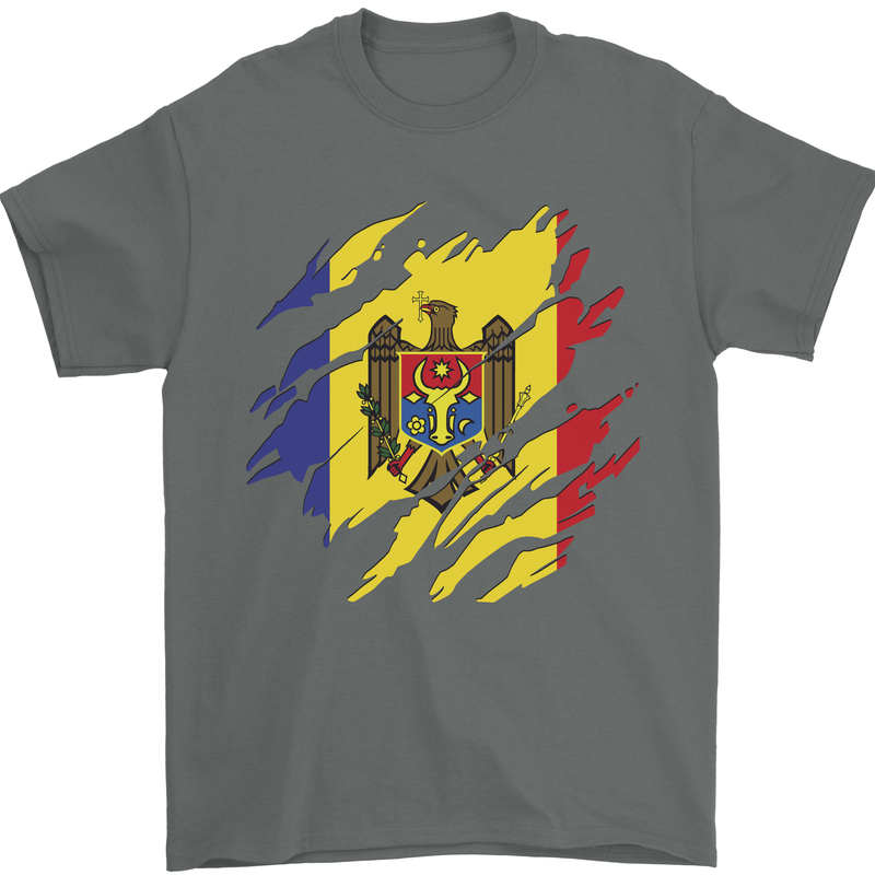Torn Moldova Flag Moldovan Day Football Mens T-Shirt 100% Cotton Charcoal