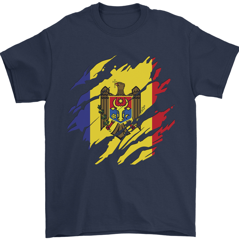 Torn Moldova Flag Moldovan Day Football Mens T-Shirt 100% Cotton Navy Blue