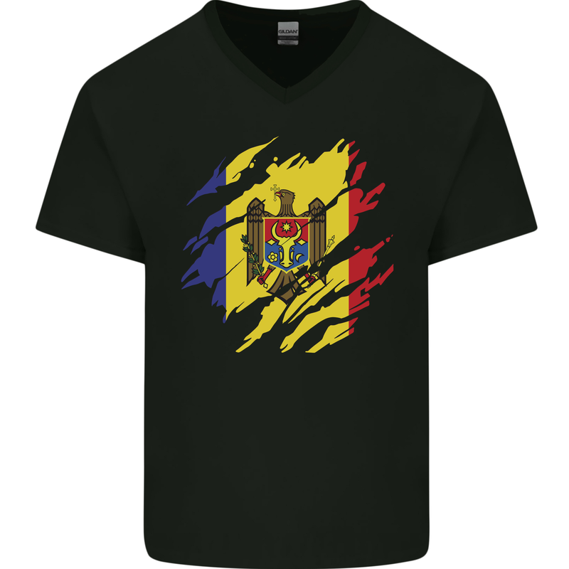 Torn Moldova Flag Moldovan Day Football Mens V-Neck Cotton T-Shirt Black