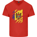 Torn Moldova Flag Moldovan Day Football Mens V-Neck Cotton T-Shirt Red