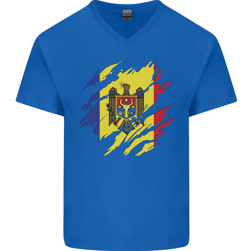 Torn Moldova Flag Moldovan Day Football Mens V-Neck Cotton T-Shirt Royal Blue