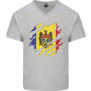 Torn Moldova Flag Moldovan Day Football Mens V-Neck Cotton T-Shirt Sports Grey