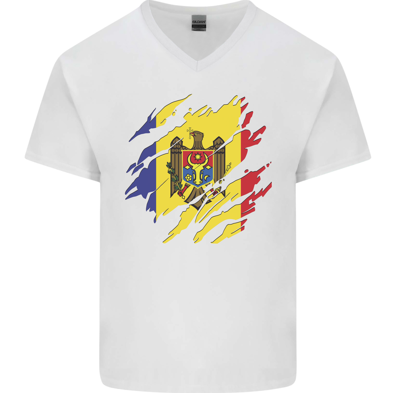 Torn Moldova Flag Moldovan Day Football Mens V-Neck Cotton T-Shirt White
